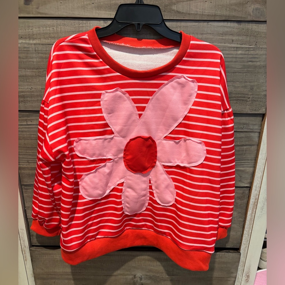Red and Pink Striped Sweater with Flower Design